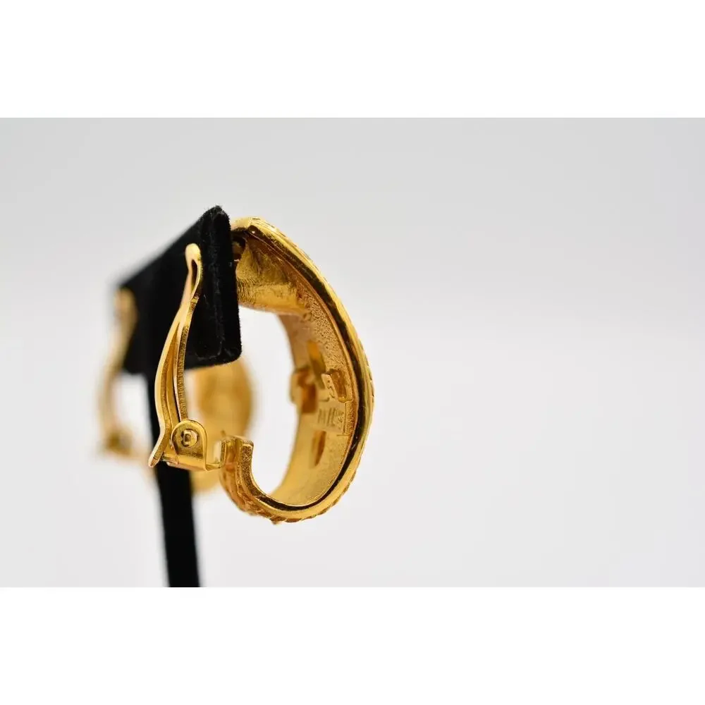 Vintage Cabochon Clip Earrings Brushed Gold Rhinestone Designer Signed 80s BinAS